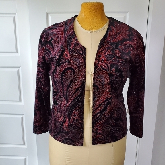 DRESS BARN COLLECTION BLACK VELVETEEN JACKET BLAZER RED GLITTER SPARKLE WOMEN 14 - Picture 2 of 14